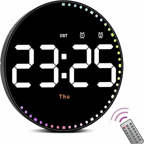 UAETECH Digital Wall Clock, 10" Display With Remote Control, Adjustable Brightness, Calendar, Temperature Display, 12/24 Hour Format for Living Room Decor… (Round) - Image 3