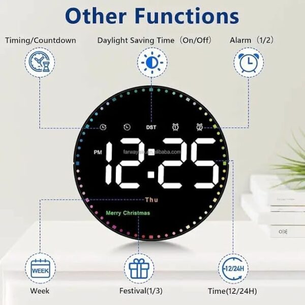 UAETECH Digital Wall Clock, 10" Display With Remote Control, Adjustable Brightness, Calendar, Temperature Display, 12/24 Hour Format for Living Room Decor… (Round)